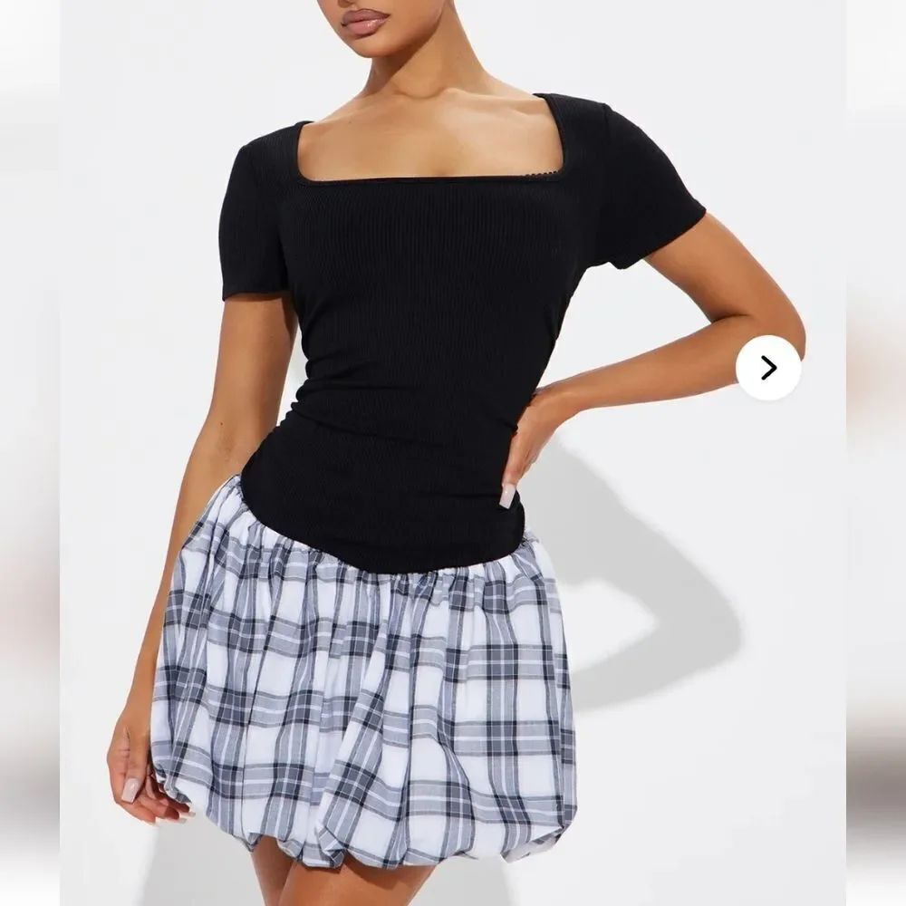 Black Ribbed Top with Plaid Skirt